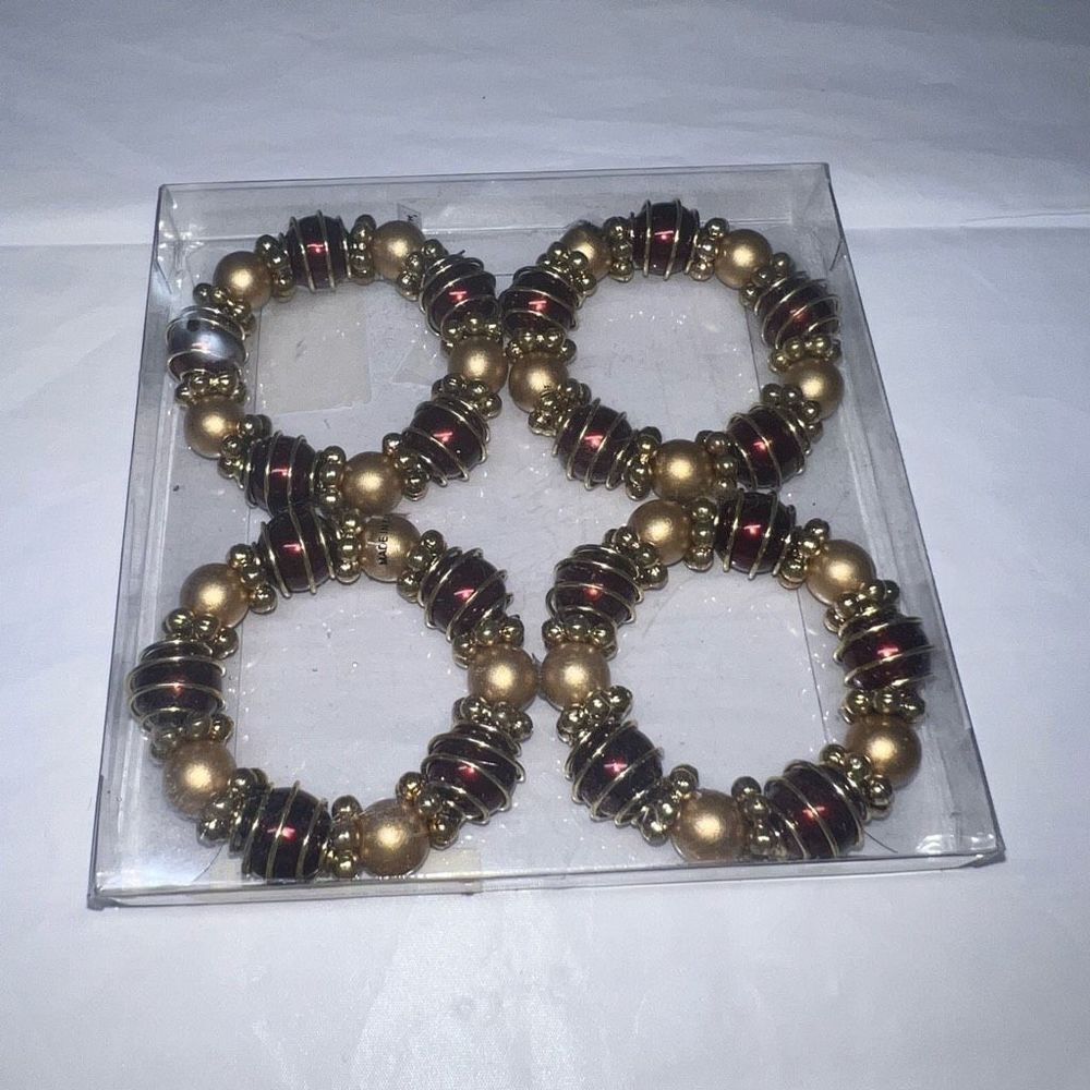Set of Four Gold and Red Beaded Napkin Holders